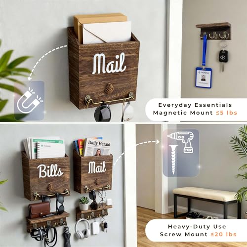 eBun Narrow Wood Mail Holder 2-Pack with 12 Key Hooks | Wall Mount, No-Drill Magnetic, Vertical Mail & Bills Slot, Entryway Decor - color: 2-Pack Mail & Bills