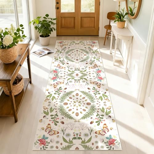 2x6 Washable Runner Rug for Hallways: Non Slip Kitchen Floor Mat Vintage Butterfly Farmhouse Soft Low Pile Indoor Carpet for Entryway Bedroom Laundry Perfect for High-Traffic（Beige，2x6） - color: Beige, size: 2' x 6' (Runner)
