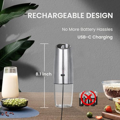 Rechargeable Gravity Salt Pepper Grinder Set, 2 Pack (Silver) | Gravity Rechargeable Grinder With Led Light & Adjustable Coarseness, No Extra Batteries Needed For Kitchen Seasoning - color: Rechargeable/2pcs/Silver