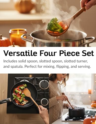 Acacia Wood Cooking Utensil Set with Skull Handles – 4-Piece FSC Certified Acacia Wood Kitchen Tools, Eco-Friendly Nonstick Safe Cooking Utensils (Spatula, Spoon, Slotted Turner, Slotted Spoon) - color: Acacia Signature Skull Set