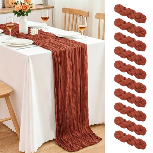 10 Pack Terracotta Cheesecloth Table Runner, 17x108 Inch Semi Sheer Boho Gauze Cheese Cloth Fabric Table Runners for Wedding Party Baby Shower Birthday Garden Farmhouse Table Decor - color: Terracotta, size: 10 Pack