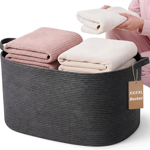 XXXXL 125L Extra Large Woven Blanket Basket, 25" x 18" x 17" Jumbo Cotton Rope Storage Basket with Handles Toy Storage Bins for Laundry Hamper Nursery Organizer Living Room Home(Dark Gray) - color: Dark Gray