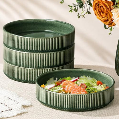 GBhome 7.5 Inch Pasta Bowls Set of 4, Ceramic Salad Bowls, Dark Green | Double Reactive Glaze Bowls for Pasta, Noodles & Fruit, Scratch Resistant, Microwave & Dishwasher Safe - color: Dark Green, size: Set of 4