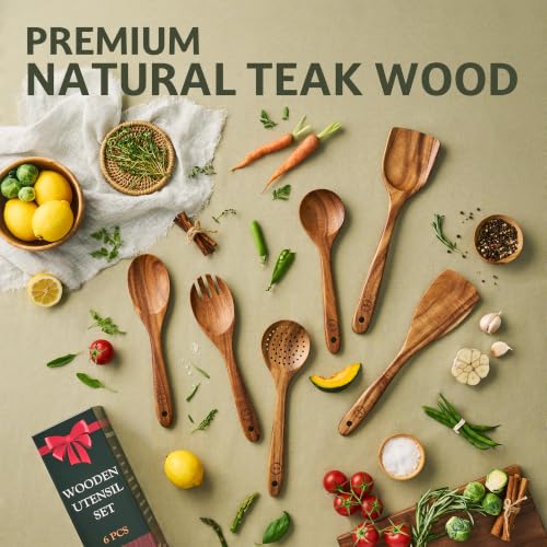 SOOMGYEOL SEOM 6-Piece Teak Wood Cooking Utensil Set | Natural Teak Wood, Uncoated, 6 Essential Cooking Utensils, Nonstick Safe - size: 6 PCS Set