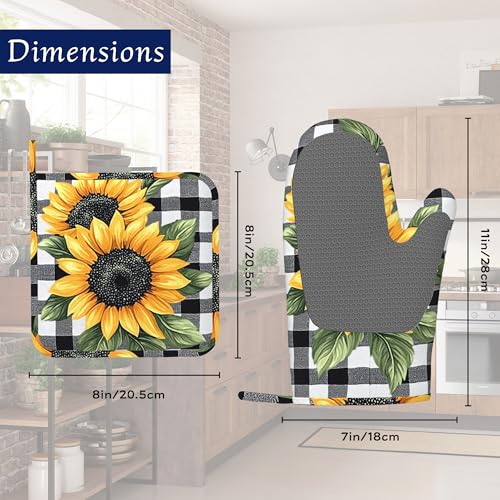 Sunflower Flower Potholders & Oven Mitts Sets Black White Check Plaid Silicone Heat Resistant Oven Mits and Hot Pads Non-Slip Pot Holders Gloves for Kitchen Chef Cooking Baking Grilling BBQ - color: Sunflower Flower,black White Check Plaid