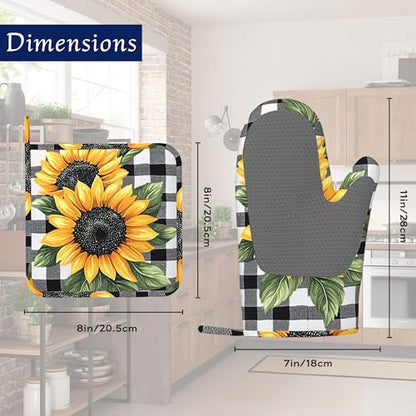 Sunflower Flower Potholders & Oven Mitts Sets Black White Check Plaid Silicone Heat Resistant Oven Mits and Hot Pads Non-Slip Pot Holders Gloves for Kitchen Chef Cooking Baking Grilling BBQ - color: Sunflower Flower,black White Check Plaid