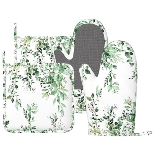 Olive Green Eucalyptus Oven Mitts and Pot Holders Set, 4pcs Silicone Watercolor Plant Leaves with Floral Oven Glove for Kitchen Heat Resistant Oven Mitts and Potholders Non-Slip for Cooking - color: Olive Green