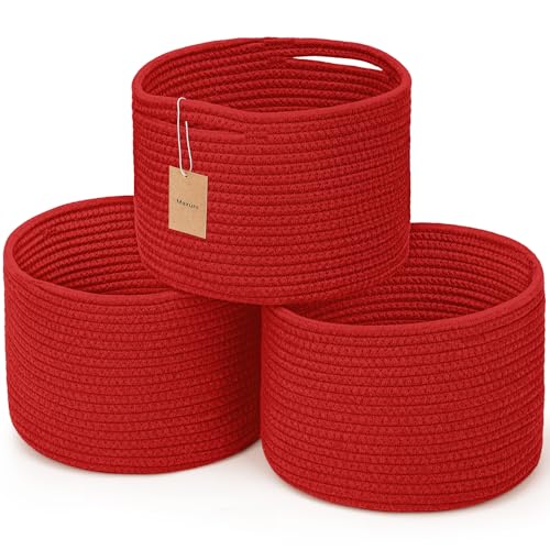 3 Pack Small Rope Storage Baskets, 9.82×9.82×7.1", Red | Cotton Basket for Gifts Empty, Cute Round Woven Basket, Decorative Shelf Basket Organizer, Organizing Basket for Shelves - color: Red-3PCS