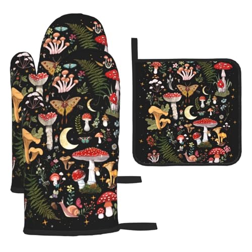 Black Mushroom Oven Mitts and Pot Holders Sets of 3 Witchy Hot Pads | Heat Resistant Oven Gloves for Cooking Grilling Baking Kitchen Decor Aesthetic, Witchy Gifts Mushroom Gifts for Women - color: Mushroom Moth