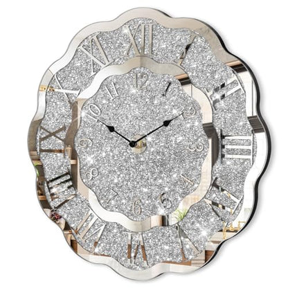 Crushed Diamond Mirrored Wall Clock Silver Modern Crystal Clocks for Bedroom Unique Home Decorative Glass Mirror Hanging Clock for Living Room Office Dining Decor - style: Wave