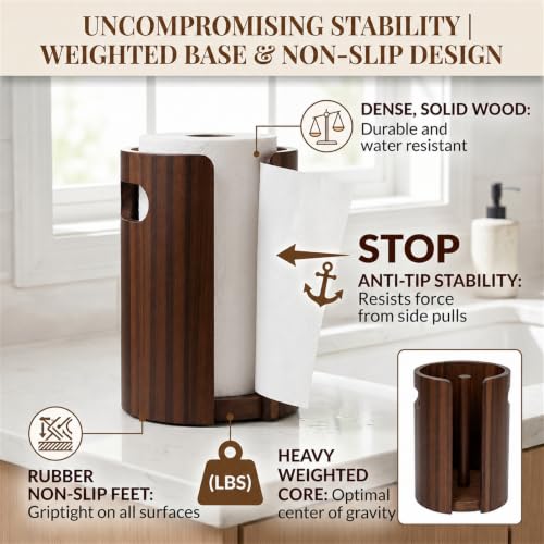 Wooden Paper Towel Holder Countertop, Weighted Base Acacia Wooden Kitchen roll rack with splash guard, and non-slip design, One-Hand Tear Design, Farmhouse Paper Towel Stand for Kitchen, Apartment, RV