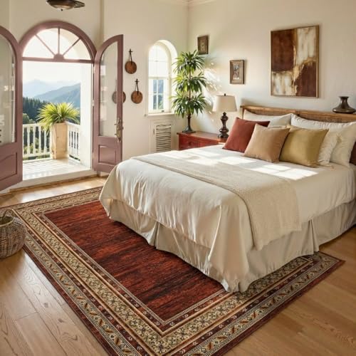 Modern Solid Area Rug 5x7 Washable Non Slip Neutral Rugs for Living Room, Non-Shedding Stain Resistant Bordered Throw Carpet, Neutral Foldable Floor Rugs for Bedroom Dining Table | Non Slip Neutral Border Non Shedding Stain Resistant Low Pile Foldable Rug