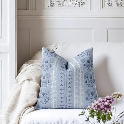 Blue Strips Throw Pillow Cover Floral 18x18 inch Neutral | Farmhouse Pillow Covers Coastal Boho Deco Couch Cushion for Sofa Living Room Bedroom - color: Grey Blue