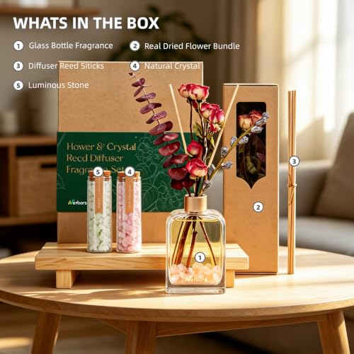Reed Diffuser Home Fragrance Set 6oz with Real Dried Flowers & Natural Crystal Stones for Positive Energy – DIY Aromatherapy Gift, Safe for Kids and Pets (Rose Veil)