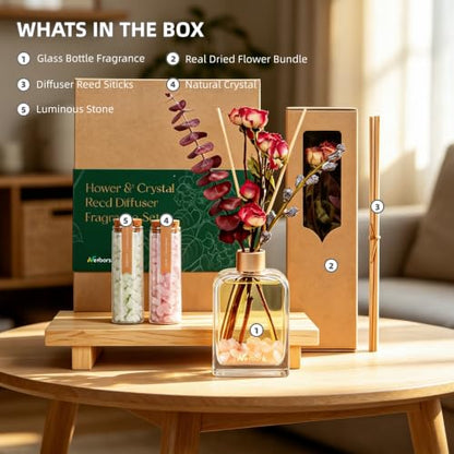 Reed Diffuser Home Fragrance Set 6oz with Real Dried Flowers & Natural Crystal Stones for Positive Energy – DIY Aromatherapy Gift, Safe for Kids and Pets (Rose Veil)