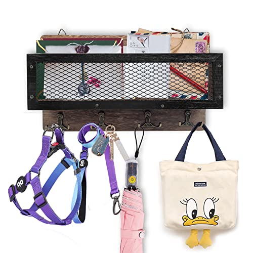 Key Holder Mail Organizer Wall Mount Key and Mail Holder Key Rack with 4 Double Key Hooks Rustic Wall Decor for Entryway, Hallway, Kitchen, Living Room, Mudroom, Office (Brown)