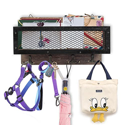 Key Holder Mail Organizer Wall Mount Key and Mail Holder Key Rack with 4 Double Key Hooks Rustic Wall Decor for Entryway, Hallway, Kitchen, Living Room, Mudroom, Office (Brown)