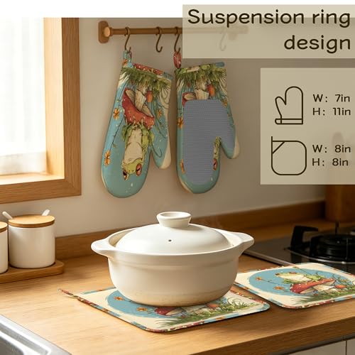 Cute Frog Mushroom Oven Mitts and Pot Holders Sets of 4, Heat Resistant Silicone Oven Mitts Gloves Non-Slip Kitchen Mittens Potholders for Cooking Baking Grilling BBQ - color: Cute Frog Mushroom