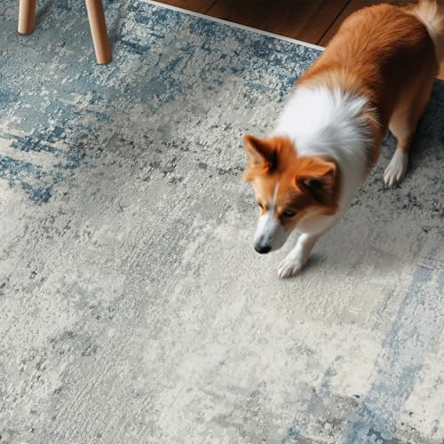 8 Foot Washable Runner Rug: Non Slip Abstract Kitchen Entryway Carpet Blue | Bedroom - Soft Stain Resistant Easy Clean Mat for Family with Pets - color: Blue, size: 2'6" x 8' (Rectangular)