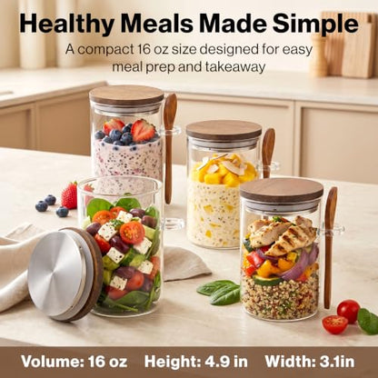 Overnight Oats Containers with Lids - Glass Mason Jars, Meal Prep | Acacia Wood, Airtight Silicone Seal Set of 4 - Includes Spoons, 40 Labels for Chia Pudding, Yogurt, Cereal, Oatmeal - color: 4 pack - Acacia Lid