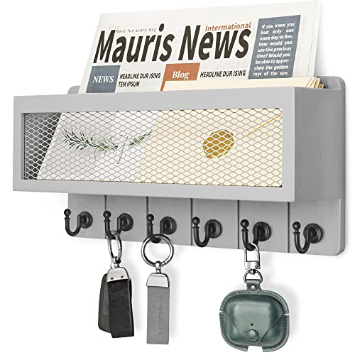Rebee Vision Key Holder Wall Mount with Mesh Basket for Home Decor, Gray | Modern Key Holder for Wall, 6 Sturdy Hooks, Mail Organizer, Key Rack, Wall Decor for Apartment, Entryway, Hallway, Office - color: Gray