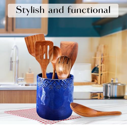 Ceramic Utensils Holder，Extra Large Stable Ceramic Cooking Tool Organizer Set for Kitchen，For Countertop ,Navy Blue - color: Navy Blue