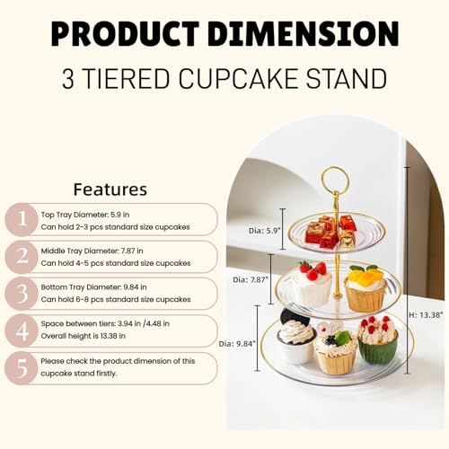 2 Pack of 3 Tiered Transparent Plastic Dessert Cup Cake Stand Holder | Small Tiered Serving Cake Stand, Clear Plate with Gold Rim, Weddings Parties Pastry Serving Tray