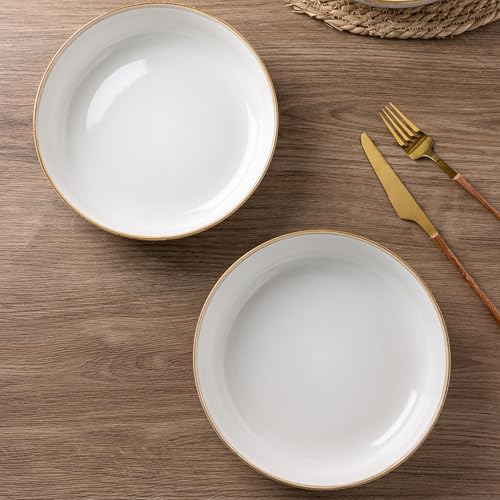 GBHOME 8.75'' Large Ceramic Pasta Bowls, 38oz Stoneware Pasta Serving Bowls Set of 4 for Kitchen, Wide Bowls for Fruit,Pasta,Salad,Oatmeal,Meal, Microwave Safe, Reactive Glaze-Pear White - color: Pearl White