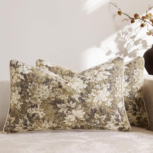 Pack of 2 Vintage Floral Pillow Covers 12x20 Boho Farmhouse Accents Chenille Rectangular Lumbar Decorative Throw Pillow Cases for Living Room Couch Bed Home Decor, Beige - color: Beige, size: 20" x 12" (Pack of 2)