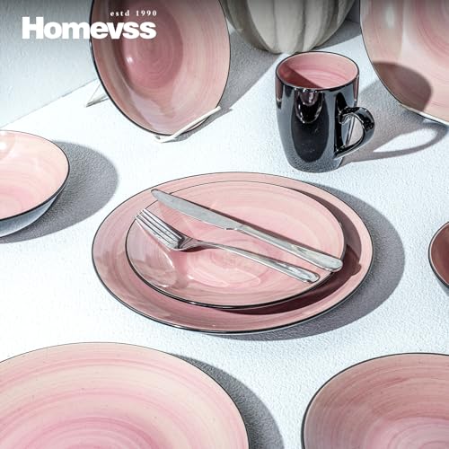 HomeVss, Sonoma Stoneware 16pc Dinnerware Set, Outside Black + Inside Hand Painting Rose - color: Rose