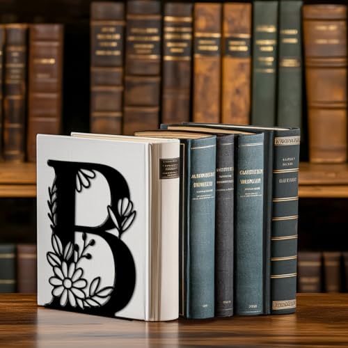 5.3"x4.3"x7.1" Metal Bookends, Heavy Duty Book Ends for Shelves | Letter B with Flower Theme Cast Iron Book Supports, 1 Pair Decor Stoppers for Desk, Library, Office & Home Shelves - style: Letter B with Flower