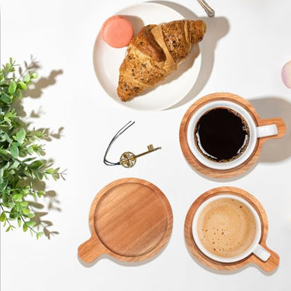 Best Wooden Handle Coasters Set of 4 with Holder Coffee Table Decor Acacia Wood Coaster for Living Room Modern Cup Coaster for Drink Home Kitchen Dining Accessories Bar Farmhouse Outdoor Decorative