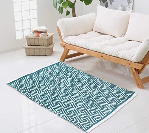 Ramanta Home Cotton Handwoven Reversible Rug 21x34 Inch, Teal | Washable Area Rug for Bathroom, Kitchen, Bedroom, Entryway, Handmade Accent Floor Mat - color: Teal, size: 21 x 34 inches