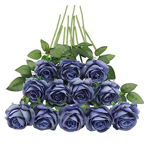 Tifuly 12Pcs Roses Long Stem Fake Silk Artificial Flowers Dusty Blue | 12 Pcs Long Stem Silk Roses, Realistic Fake Roses with Stem for Wedding Centerpieces, Home and Office Decor - color: Dusty Blue