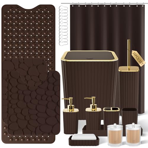 XLHOMO 26PC Bathroom Accessories Set - Gorgeous Brown Bathroom Set, Bathroom Accessory Set, Shower Curtain Set with Bathtub Mats for Shower Tub, Trash Can & Soap Dispenser - size: Bath Set+Bathtub Mat+Shower Curtain&Rugs, style: Brown&Gold