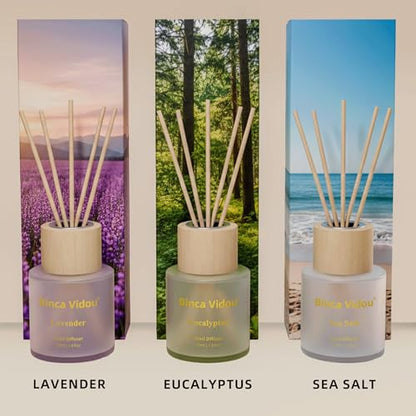 Reed Diffuser Set of 3, Binca Vidou Lavender, Eucalyptus & Sea Salt Natural Scent Oil Diffusers with Sticks for Home Office Bathroom Aromatherapy Decor 1.69oz x 3