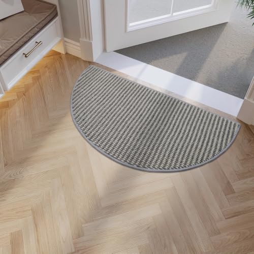Half Circle Dirt Trapping Door Mat 36"x18", Grey & White Faux Jute Rug | 0.27" Low Profile, Washable & Non Slip Mud Mat, Back Front Door Mat Indoor Entrance - color: Grey & White, size: 3' (Half Circle)