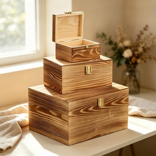 Novabright 3 Pack Wooden Keepsake Box, 3 Size Handmade Decorative Treasure Chest Box, Gift Ideas for Men & Women Jewelry Rings Storage(Brown,Pine Wood,Simple) - color: Brown, size: Pine Wood, style: Simple