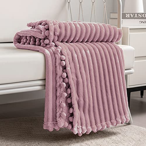DISSA Fleece Blanket Throw Size – 51x63, Pink – Soft, Plush, Fluffy, Fuzzy, Warm, Cozy – Perfect Throw for Couch, Bed, Sofa - with Pompom Fringe - Flannel Blanket Throw Blanket - color: Pink, size: 51x63"