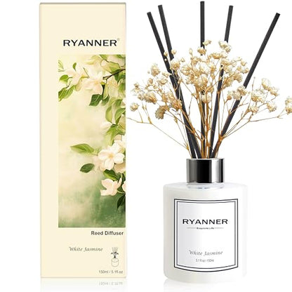 Flower Reed Diffuser Set,5.1 fl oz White Jasmine Scent Diffuser with Sticks Home Fragrance Reed Diffuser with Essential Oil for Bathroom Shelf Decor&Air Freshener,Home Bathroom Office Decor