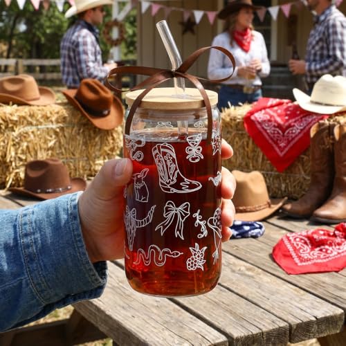 Western Gifts for Women, Cute Glass Cup for Western Cowgirl Stuff | Iced Coffee Tumbler Glass Cup with Lid Straw for Country Girl Gift Thanksgiving Christmas Birthday Mothers Day Friend 16oz - style: Western