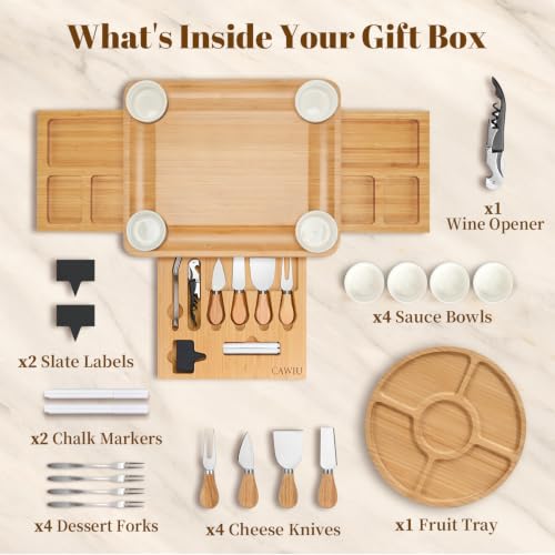 Large Bamboo Charcuterie Board Set with Lid, Drawers, Cream | Includes serving utensils and a fruit tray for easy entertaining; ideal for housewarmings, weddings and bridal showers. - color: Cream