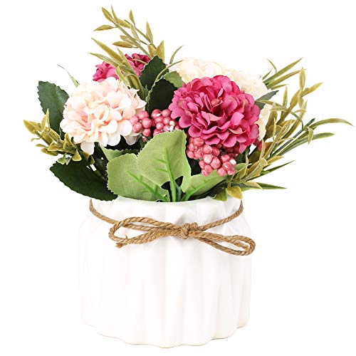 SUPNIU Artificial Hydrangea Bouquet with Small Ceramic Vase Fake Silk Variety Flower Balls Flowers Decoration for Table Home Party Office Wedding (White) - color: White