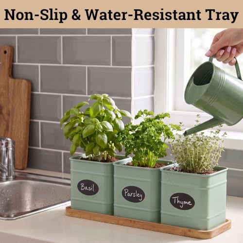 Herb Planter Indoor, 3-pc Herb Pots w/ Drainage Holes, Bamboo Tray & Labels | Iron Herb Pots, Varnished Bamboo Tray with Anti-Skid Base, Customizable Oval Sticker and Stick Labels & Chalkboard Marker Pen - color: Sage Green