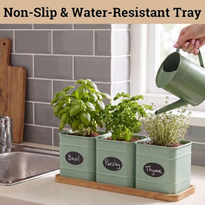 Herb Planter Indoor, 3-pc Herb Pots w/ Drainage Holes, Bamboo Tray & Labels | Iron Herb Pots, Varnished Bamboo Tray with Anti-Skid Base, Customizable Oval Sticker and Stick Labels & Chalkboard Marker Pen - color: Sage Green