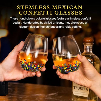 Large Stemless Wine Glasses – Set of 2-14oz Luxury Hand Blown Confetti Margaritas, Martini, Cocktails, Water, Wine, Dessert & Champagne Glasses Cinco de Mayo, Hand Blown - Mexican Confetti Glass - style: Mexican Confetti Wine Glass