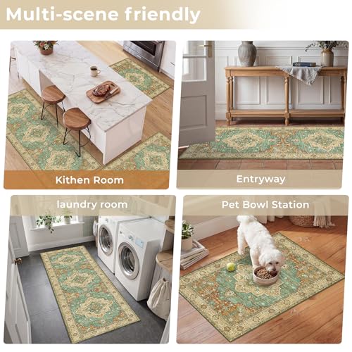 3 Piece Kitchen Rugs Sets with Runner, Washable Non Slip Soft Boho Kitchen Mats, Low Pile Stain Resistant Carpet for Hallway, Laundry Room, Entryway(20"x32"+20"x48"+20"x59", Brick Brown Green) - color: Brick Brown Green