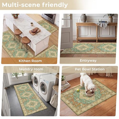 3 Piece Kitchen Rugs Sets with Runner, Washable Non Slip Soft Boho Kitchen Mats, Low Pile Stain Resistant Carpet for Hallway, Laundry Room, Entryway(20"x32"+20"x48"+20"x59", Brick Brown Green) - color: Brick Brown Green