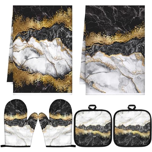 Sratte 6 Pcs Farmhouse Marble Kitchen Towels Pot Holders Oven Mitts Set 2 Dish Towels 2 Potholders 2 Cooking Mittens Oven Glove for Cooking Baking Grilling Supply (Black, Gold) - color: Black, Gold