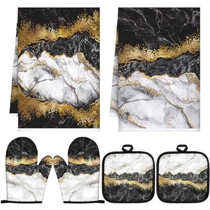 Sratte 6 Pcs Farmhouse Marble Kitchen Towels Pot Holders Oven Mitts Set 2 Dish Towels 2 Potholders 2 Cooking Mittens Oven Glove for Cooking Baking Grilling Supply (Black, Gold) - color: Black, Gold